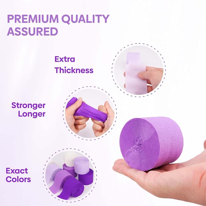 8 Purple Streamers with White, 656ft Pack of Crepe Paper Party Decorations | - Image 4