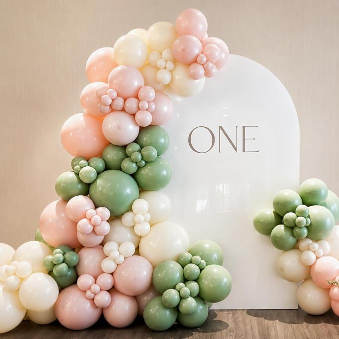 Pink and Green Balloons, 12 Inch Sage Green Pink Sand White Balloons - Image 6