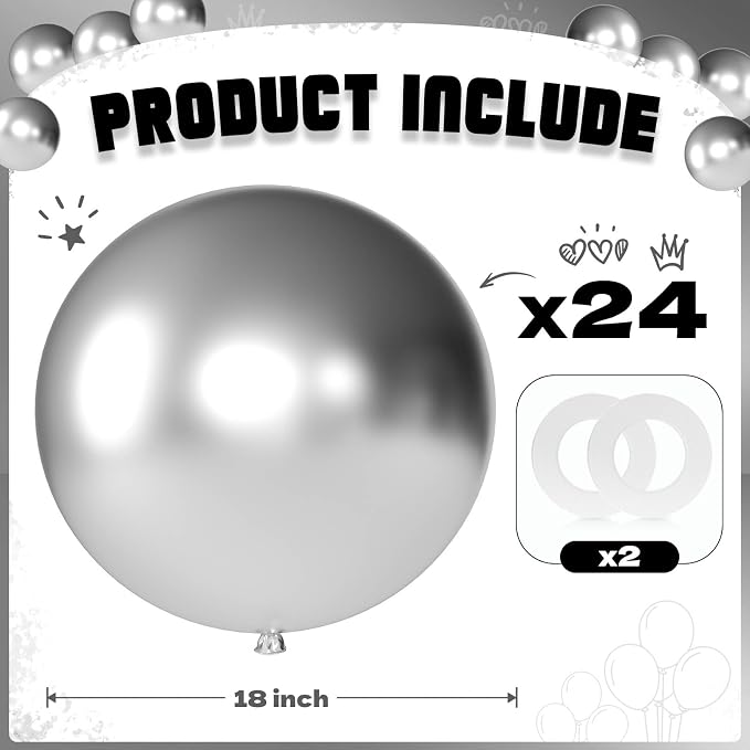 Metallic Silver Balloons 18 Inch 24 Pack Matte Helium Latex Round Balloons - Image 2