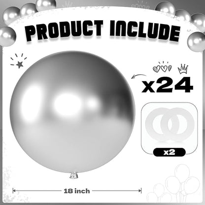 Metallic Silver Balloons 18 Inch 24 Pack Matte Helium Latex Round Balloons - Image 2