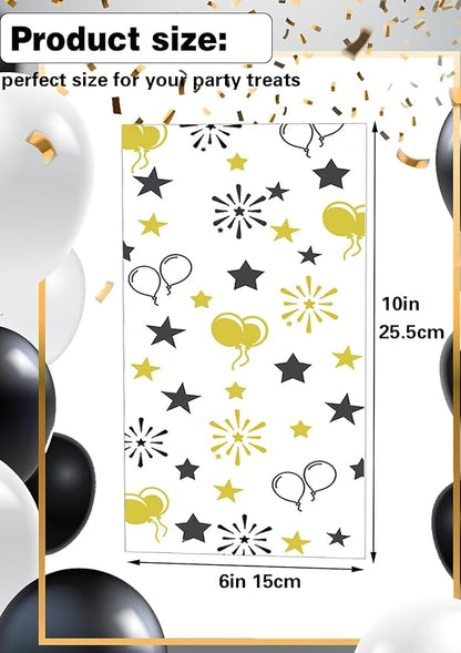 COQOFA 100 Pcs Black Gold 6"X10" Star Printed Gift Wrap Cellophane Bags - Image 2