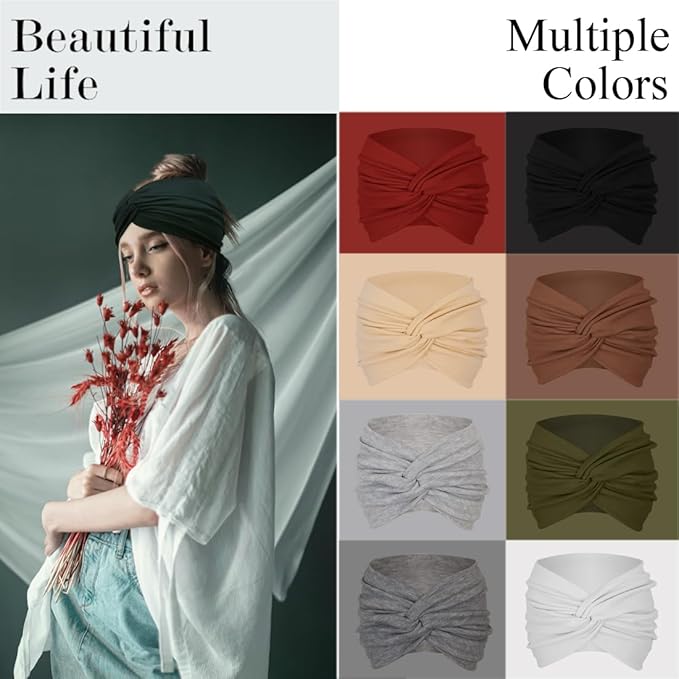 Extra Wide Headbands For Women 7'' Large Headband Twist Head Bands Women's Hair Band Stretchy Turban Styling Accessories 8 Pack