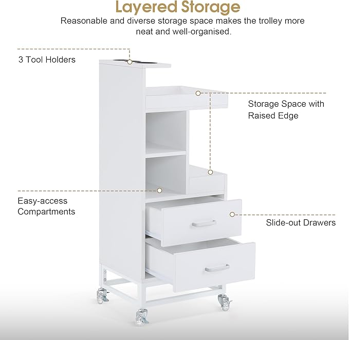 BarberPub Salon Storage Rolling Trolley Cart, Barber Mobile Station for Hair Stylist with Lockable Wheels & Tool Holders, Beauty 6 Tier Utility Organizer for Spa Supplies 2496 (White)