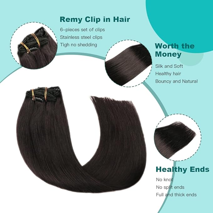 SURNEL Clip in Hair Extensions Human Hair, Natural Black Clip in Hair Extensions 20 Inch 120g 6pcs(#1B,20'')
