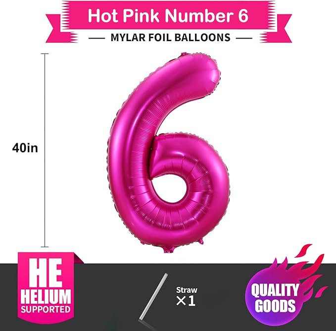 6 Balloon Number Hot Pink 6 Birthday Balloon 40 inch Foil Mylar Large 6 Balloon - Image 2
