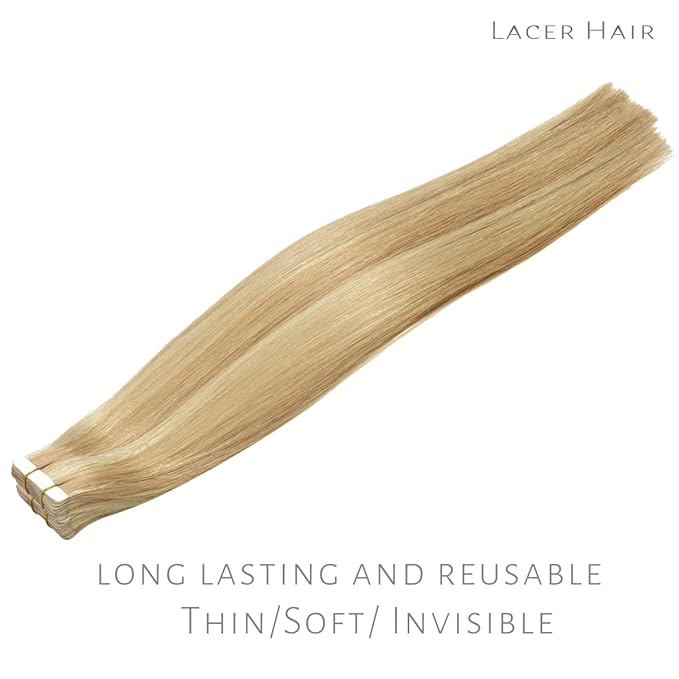 Lacer Tape in Human Hair Extensions 18 Inch 100G 40Pcs Golden Blonde to Platinum Blonde Hair Extensions Real Human Hair Tape in Straight Hair