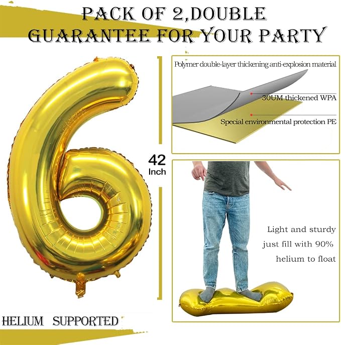 Gold Foil Balloons Number 6, Huge Number Balloons - Image 3