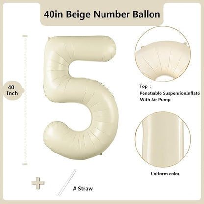 40 inch Cream White Number Balloon Giant Foil Helium Balloons Beige Number 5 - Image 2