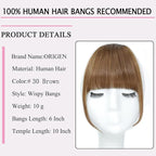 ORIGEN Clip in Bangs Real Human Hair Clip on Wispy Bangs Fringe with Temples Hairpieces Fake Front Bangs Extensions for Women Light Brown Color