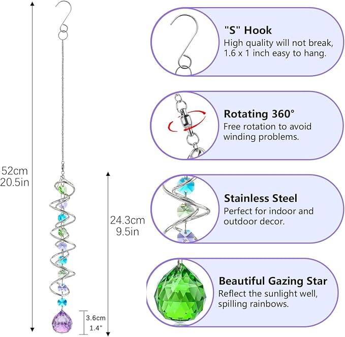 Set of 3 Crystal Suncatcher Spiral Wind Spinner Gazing Ball Decor | Crystal - Image 5