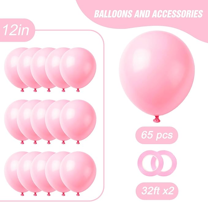 RUBFAC Pink Balloons 65pcs, 12 Inch Baby Light Pink Party Balloon - Image 2