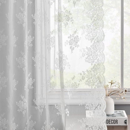 Kotile White Lace Curtains for Kitchen Windows W42 x L36 Inch, 2 Panels | Rod - Image 8