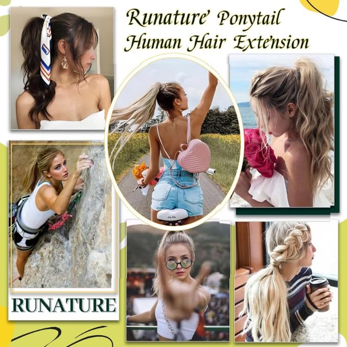 RUNATURE Ponytail Extension Human Hair Balayage Blonde Short Ponytail Human Hair Extensions Clips 12 Inch 70g Ombre Walunt Brown Fading to Ash Brown with Light Blonde Pony Tail Hair Extension Short