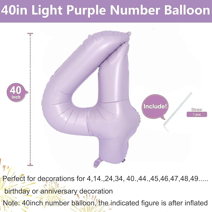 40 Inch Purple Number Balloons Light Purple 4 Balloon Matte Purple Birthday - Image 2