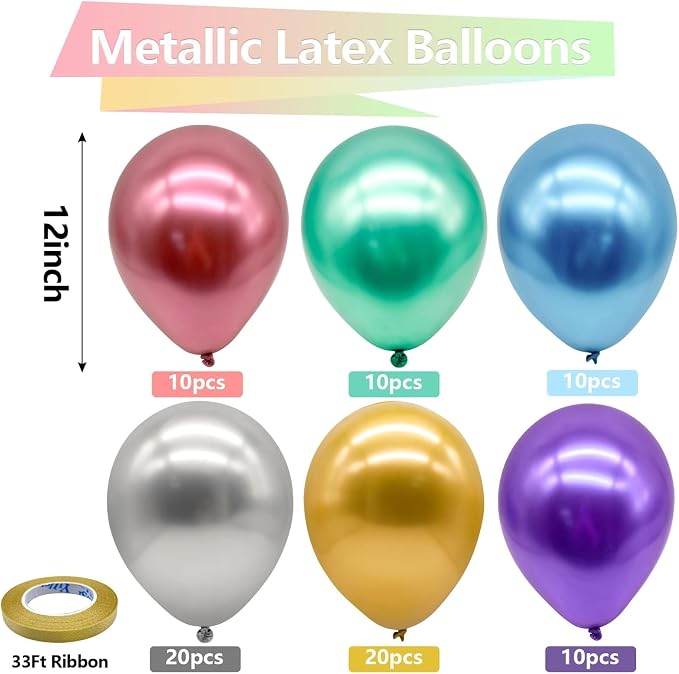 Bezente Metallic Chrome Colorful Latex Balloons 100 Pack 12 inch | Assorted - Image 2