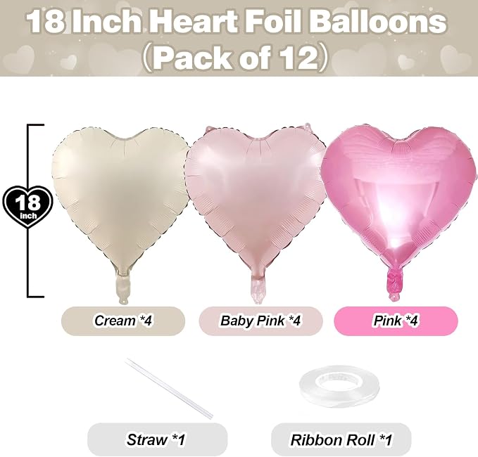 Pink White Heart Balloons, Pastel Pink Light Pink White Heart Shaped Mylar - Image 2