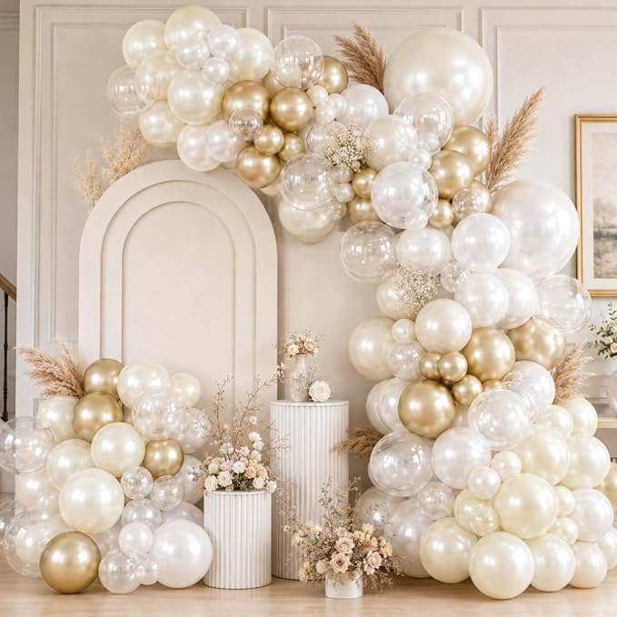 Pearl White Sand Metallic Light Gold Balloons Garland Arch Kit as Engagement by Jobkoo