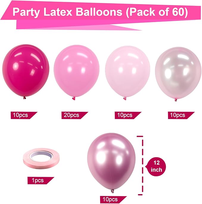 Bezente Pink Balloons Set 60pcs 12 inch | Metallic Pearl Pink, Hot & Pastel - Image 2