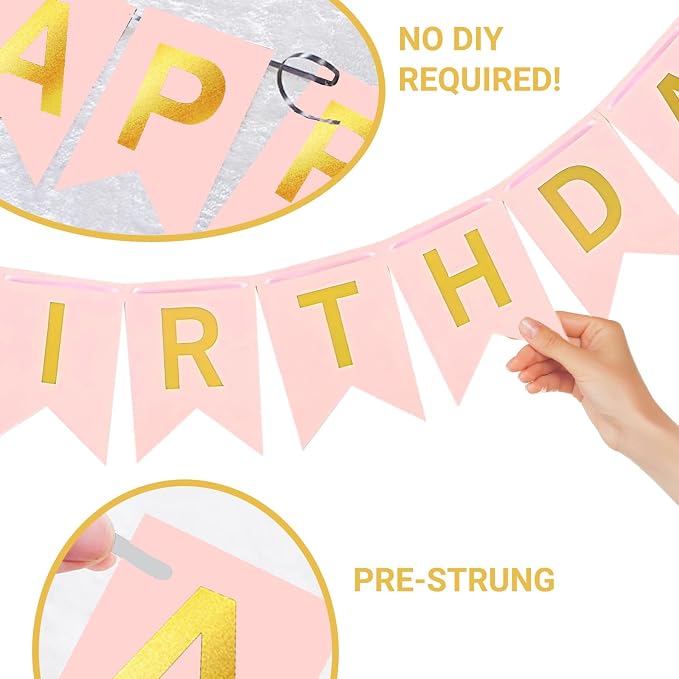 Pink Happy Birthday Banner - 16 ft Pre-Strung Gold & Pink Birthday Party - Image 6