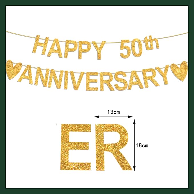 Happy Anniversary Banner, Custom Gold Glitter 10 20 30 40 50 60 70 80 90th Any - Image 5