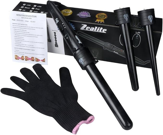 3 in 1 Curling Iron, Curler Wand Set with 3 Interchangeable Ceramic Curling Barrel(0.35”-1.25”), Instant Heat Up, Dual Voltage Hair Curler Beach Waves, Include Glove