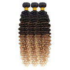 Ombre Human Hair Bundles 1B427 Deep Wave Bundles Niegmeag Virgin Remy Hair 3 Bundles 26 28 30 Inch Double Weft 3 Tone Brown and Honey Blonde Deep Wave Bundle