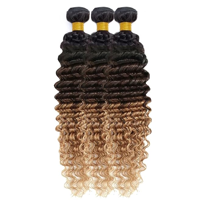 4/27 Deep Wave Bundles Human Hair Honey Blonde Bundle 14 16 18 Inch Brazilian Virgin Remy Hair Extensions Double Weft 3 Tone Brown and Blonde Deep Wave Bundles Hair Weave 300g
