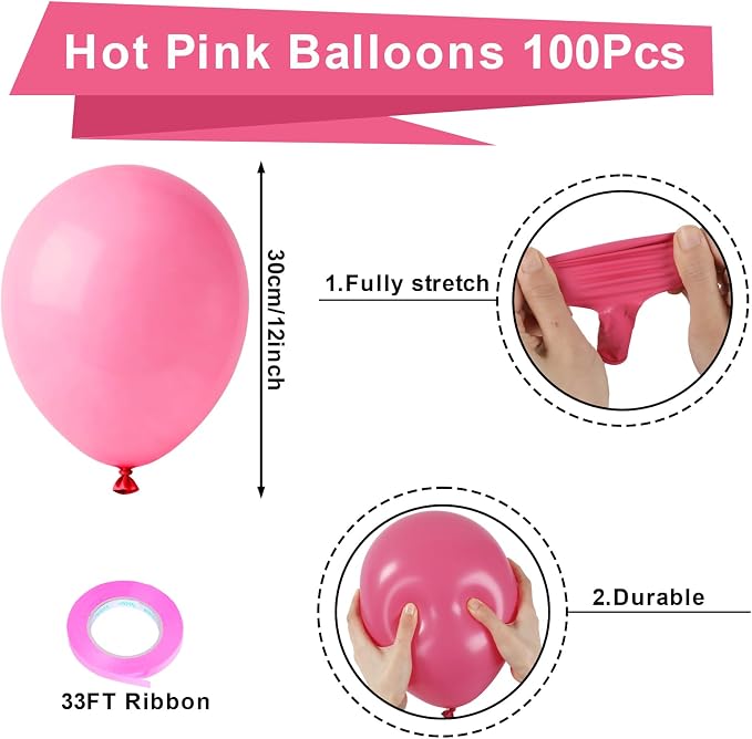 Patimate Hot Pink Balloons 100pcs 12 Inch Bright Pink Latex Party Balloons | - Image 3