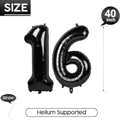16 Balloon - Black Birthday Number Balloons, 40 Inch Decorations Men Women | - Image 5