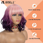 NOBLE Colourful Short Bob Wigs with Bangs for Women 3 Tone Ombre Pink root to Purple Color Short Wavy Bob Hair Wig Shoulder Length Synthetic Heat Resistant Bob Wigs