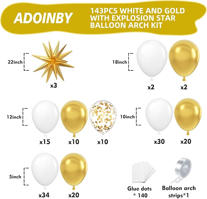 White and Gold Balloon Arch Kit, 22 18 12 10 5 Inch Different Size Balloons - Image 2