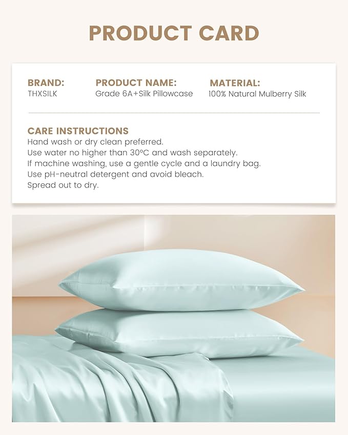 THXSILK 100% Mulberry Silk Pillowcase for Hair and Skin, Grade 6A+ Mulberry Silk Pillow Case, Natural Silk Pillow Case Cover with Zipper, 1pc(California King Size 20"x40", Light Blue)
