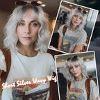 Short Silver Wigs for Women Ombre Grey Wavy Bob Wig with Bangs Medium Length Synthetic Hair Water Wave Dark Roots Wig Gray Colorful Wigs（14 Inches）