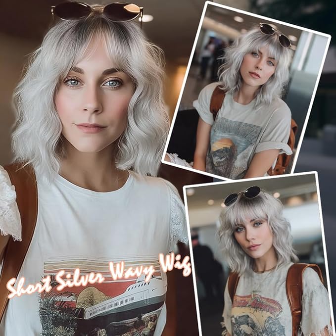 Short Silver Wigs for Women Ombre Grey Wavy Bob Wig with Bangs Medium Length Synthetic Hair Water Wave Dark Roots Wig Gray Colorful Wigs（14 Inches）
