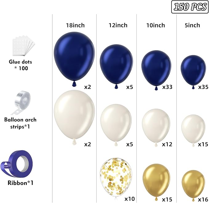 Navy Blue Gold Balloon Arch Garland Kit 153pcs, Double Stuffed Pearl White - Image 2