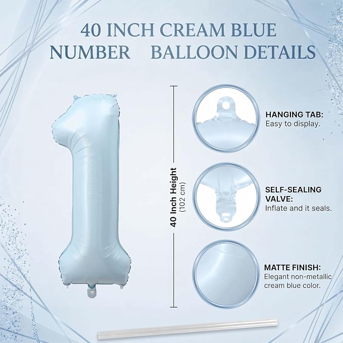 Baby Blue Number 1 Balloon 40 Inch, Foil Sky Pastel Numeral Party Supplies | - Image 4