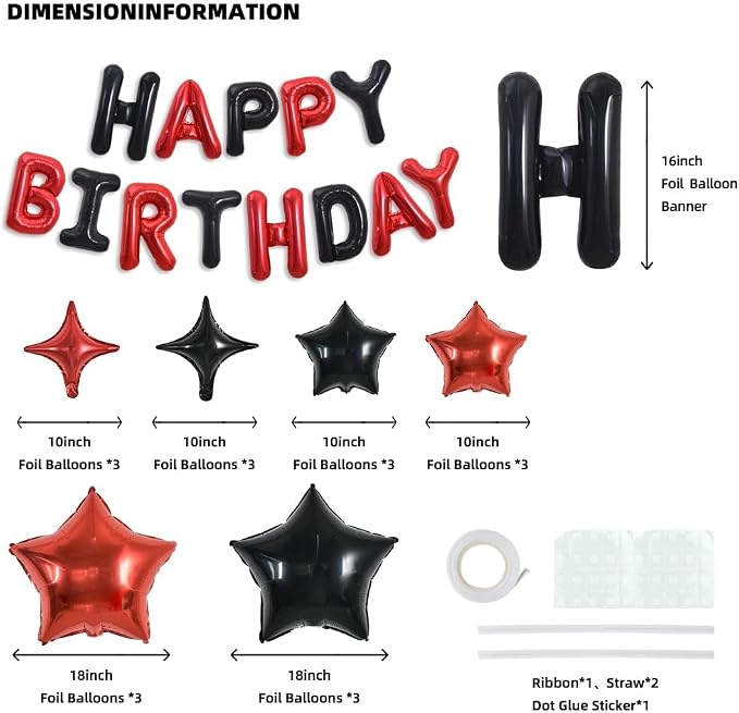 TONIFUL 35PCS 16 Inch Black Red Happy Birthday Balloon Black Red Happy Birthday - Image 2