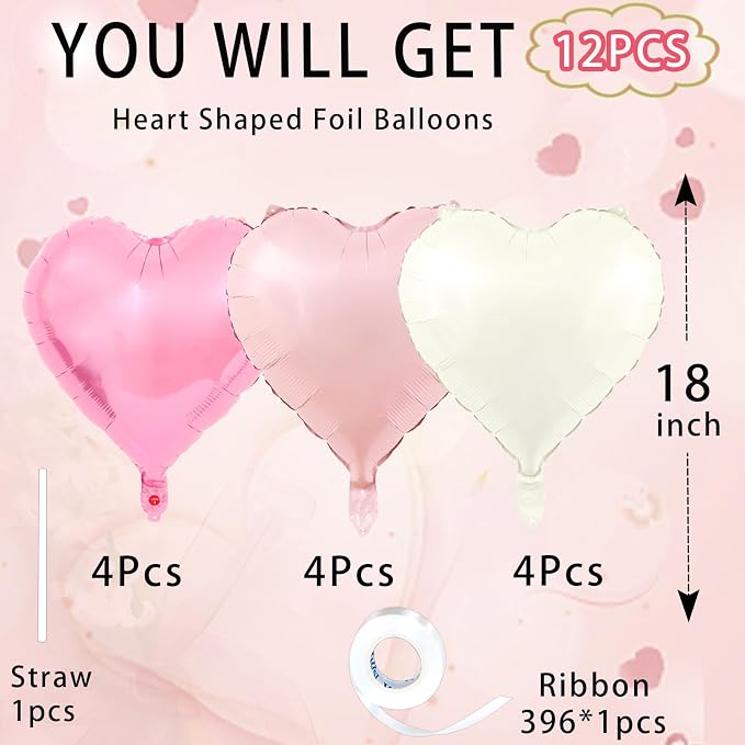 Pink Heart Balloons, 18inch Bright Pink Heart Shaped Foil Balloons & Pastel - Image 3