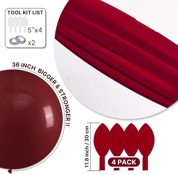 PartyWoo Burgundy Balloons 4pcs Dark Red Maroon Ruby Red Color | 36 Inch - Image 6