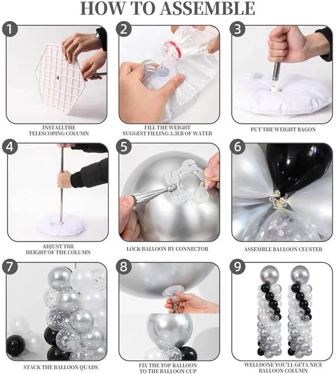 Black White and Silver Balloon Column Kit Set of 2, Balloon Towers | 102Pcs - Image 4