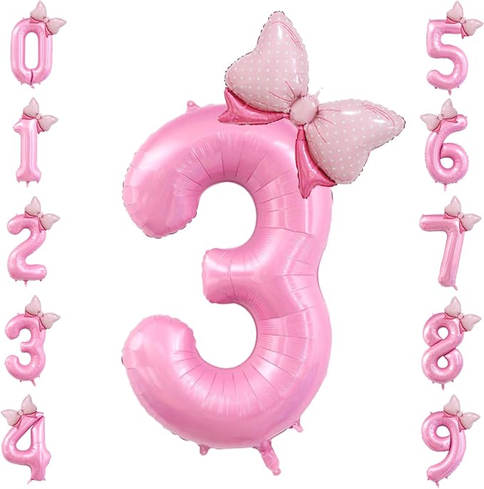 40 inch Number 3 Balloon with Bow Pink Birthday Number Balloon by OIBUTUR