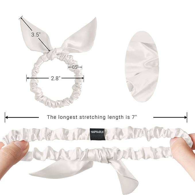 THXSILK Hair Silk Scrunchies with Bow for Women Pure Mulberry Silk Hair Cute Ring Ties Scrunchies for Girls Women's Thick Hair, White, 2.8"