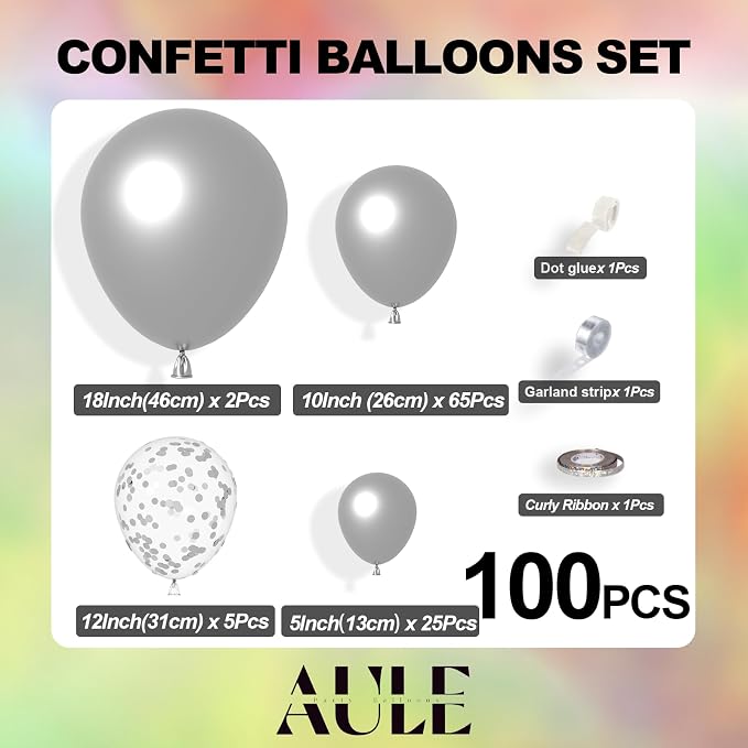 AULE 100Pcs Metallic Silver Balloons 18/12/10/5 Inch Different Sizes | Chrome - Image 2