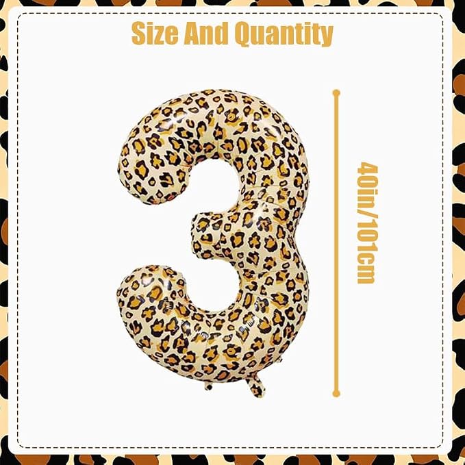 40Inch Large Leopard Print Number 3 Foil Balloons Cheetah 3rd Wild One First - Image 2