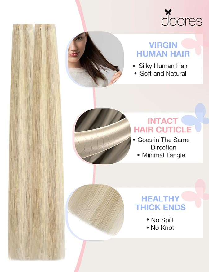 DOORES Invisi Edge Hair Extensions Tape in, Dark Blonde Highlighted Bleach Blonde 10 Injection Tape-ins with 10 Injection Tape-ins 50g 24 Inch, Injected Tape in Virgin Human Hair