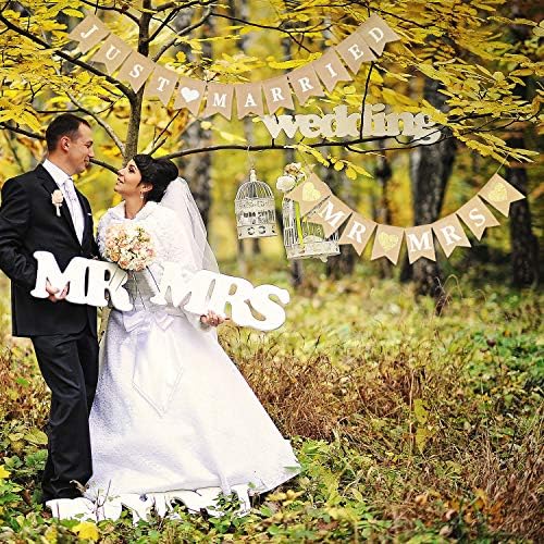 Blulu 2 Pcs Just Married Banner Burlap Wedding Mr and Mrs, Vintage Pre - Image 8