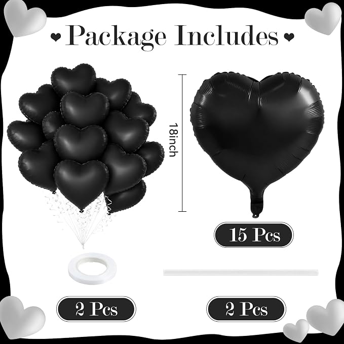 TONIFUL 15 Pack 18 Inch Matte Black Heart Foil Balloons – Black Mylar Heart - Image 2