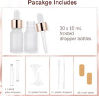 30 Pack 10ml Frosted Glass Dropper Bottles for Essential Oils, 1/3oz Eye Dropper Bottles with Rose Golden Caps for Travel, Mini Empty Glass Tincture Vials with Droppers, Funnels & 30 Labels