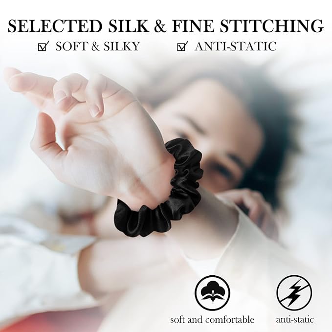100% Mulberry Silk Hair Ties, No-Damage Frizz Prevention for Sleep and Night, Hair Accessories for Women (Black)