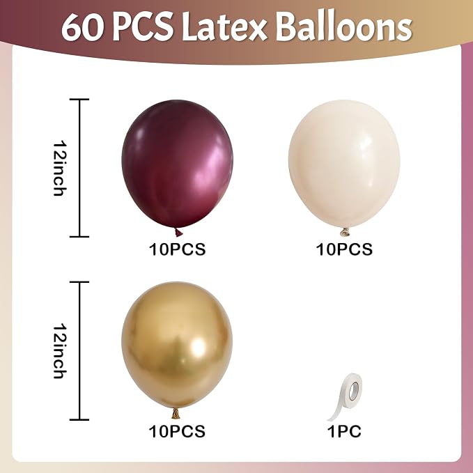 Jobkoo Burgundy Gold Balloons 60 PCS Dark Red Wine White Sand Beige Latex - Image 5